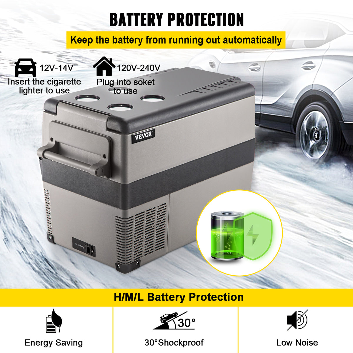 HAPPYBUY 11.89gal Compact Car Refrigerator - 110V 5.55-26.42gal, Square Design with Multiple Compartments, USB Charging Port & Power Window, Durable for Vehicle Storage, Car Refrigerator, Vehicle Cooling Solution, Modern Car Accessory, Efficient Cooling S