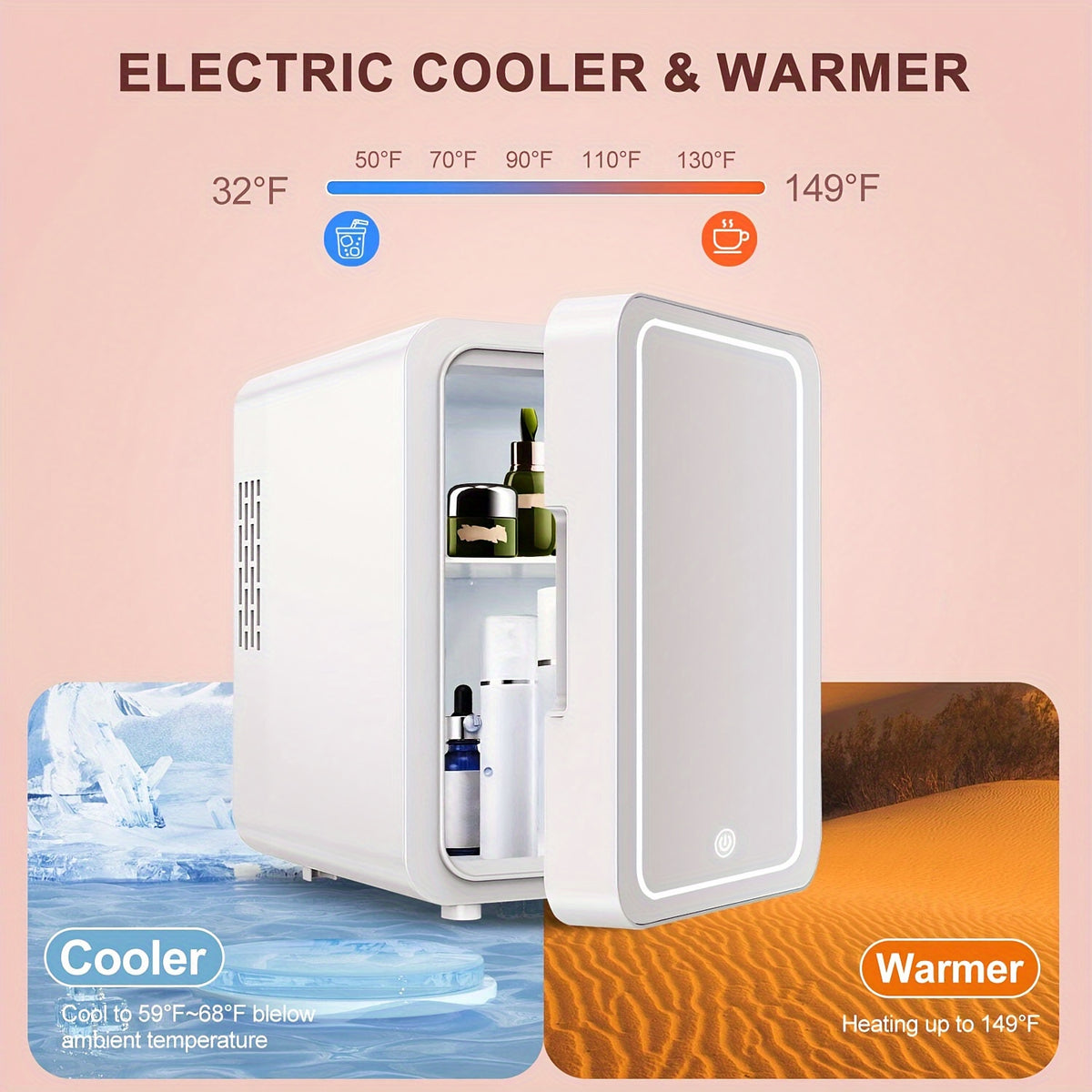 Mini Skincare Fridge 4 Liter\u002F6 Cans, Portable Cosmetic Fridges with Makeup Mirror, Cooler & Warmer, AC & DC, Semiconductor Refrigerator for Bedroom, Car, Office, Outdoor