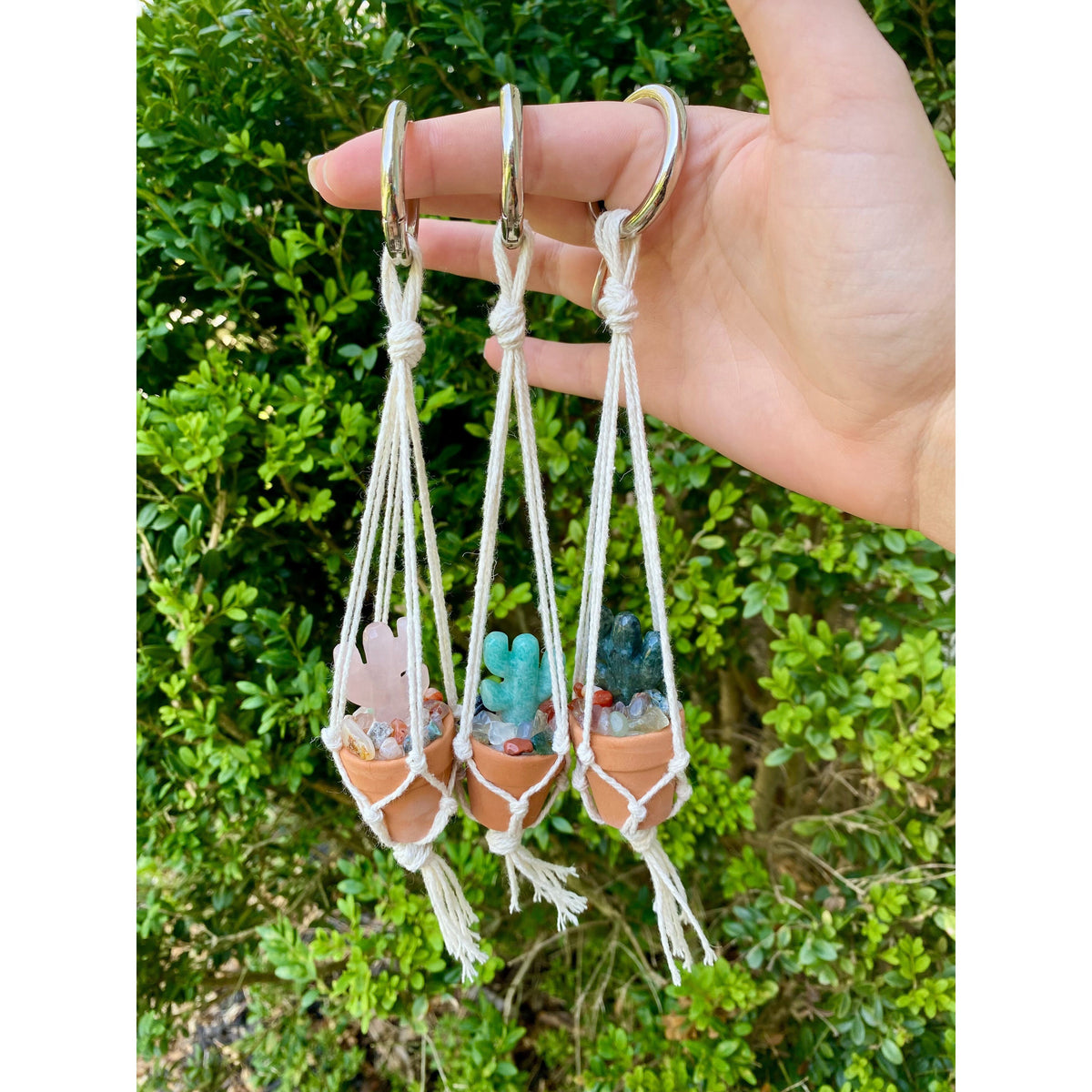 One Crystal Cactus Macramé Hanger| Rearview Mirror Decor| Crystal Carvings| Gemstones| Cactus Crystals| Terracotta Pots