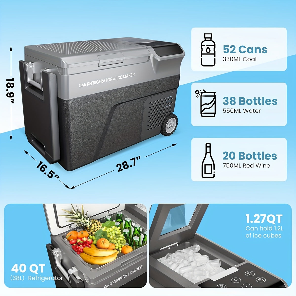 Portable Car Refrigerator 1pc Portable Car Refrigerator with Ice Maker | 40QT Dual Zone Compressor Cooler & Freezer, 12V\u002F24V DC & 110V\u002F240V AC Dual Power, Heavy-Duty Construction | for Camping, Travel, Home, RV, Truck, Road Trips, Tailgating, Bo