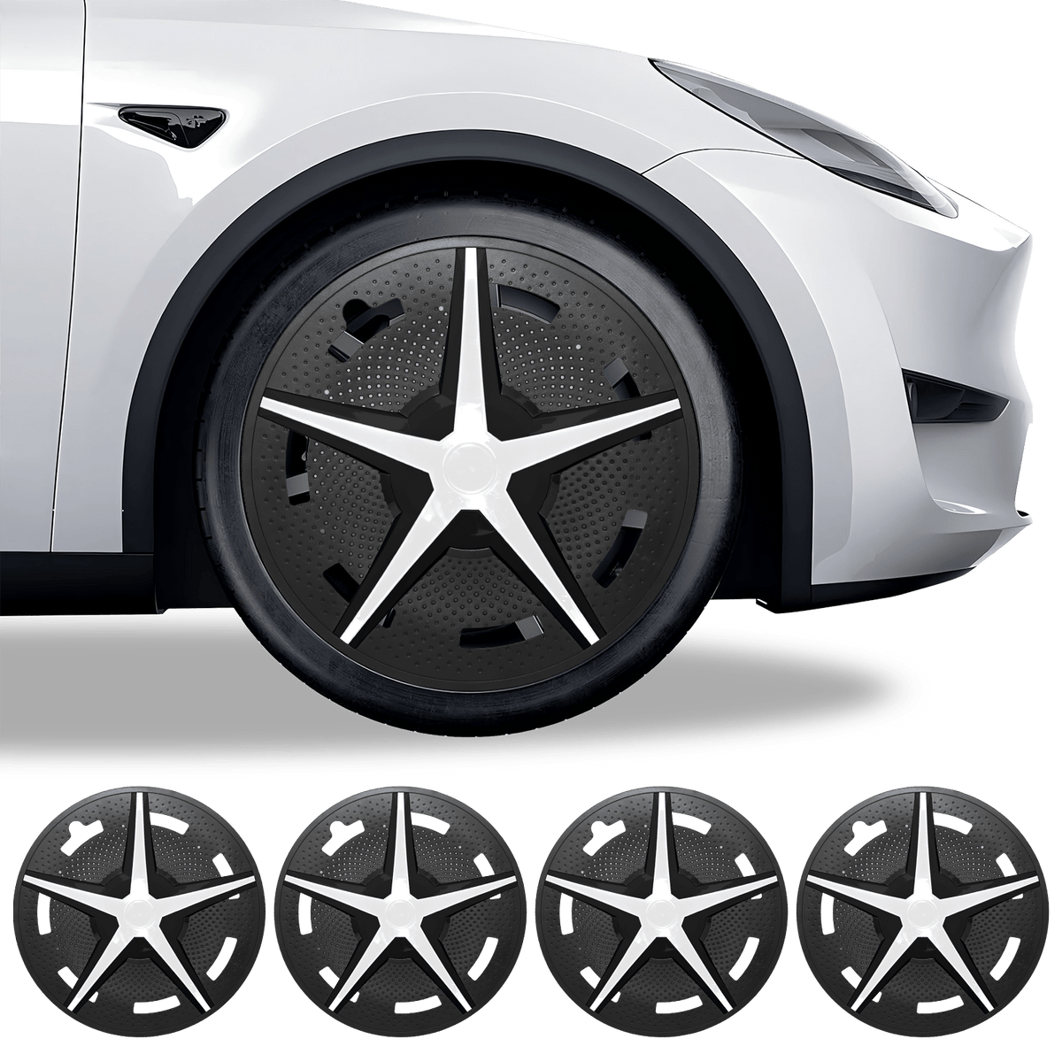 19 Inch Black & White Single Star Hubcaps for Tesla Model Y 2019–2024 – Stylish Wheel Covers for Gemini Rims (Set of 4)