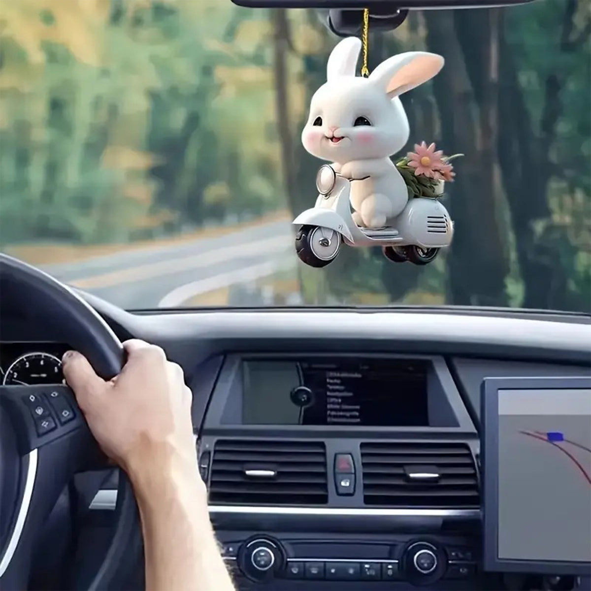 Easter Bunny Hanging Ornaments Cute Rabbit Riding An Electric Bike Car Rearview Mirror Charms Interior Decorations