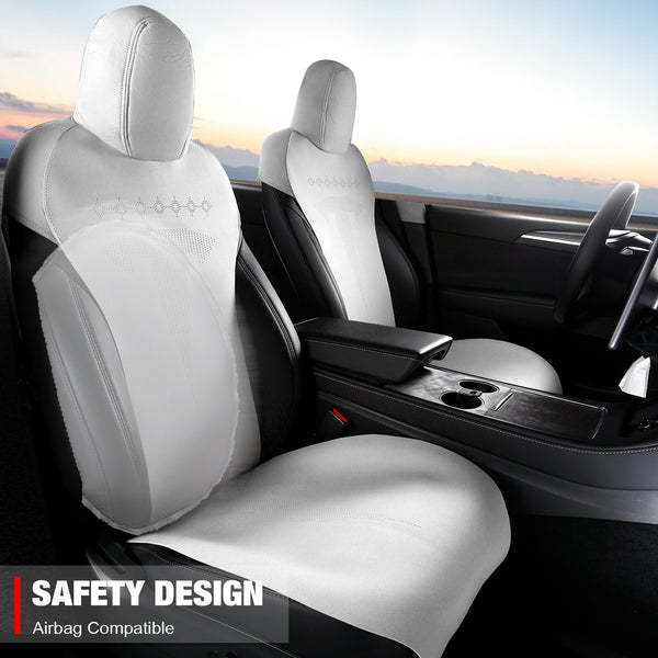 Seat Cover Cushions For Tesla For Model 3 2017-2023, Breathable Easy Clean Suede Leather Driver Seat Cushion Protector Cover (Front + Second Row, White, V2 Style)