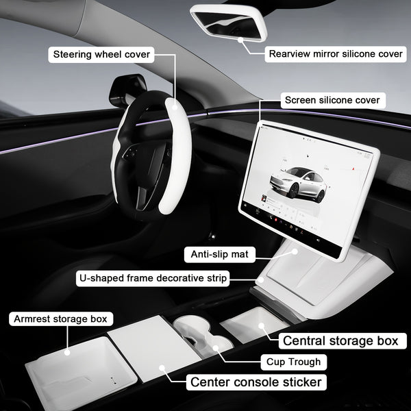 9pcs Set - for Tesla 2024+Model 3 Highland & 2025+ for Model Y Juniper Accessories White Interior Trim Kit Storage Box, Steering Wheel, Durable Car Mods, for Tesla Model Y Accessorie, for Tesla Model Y Juniper, Car Accessory, Car Accessory Interior