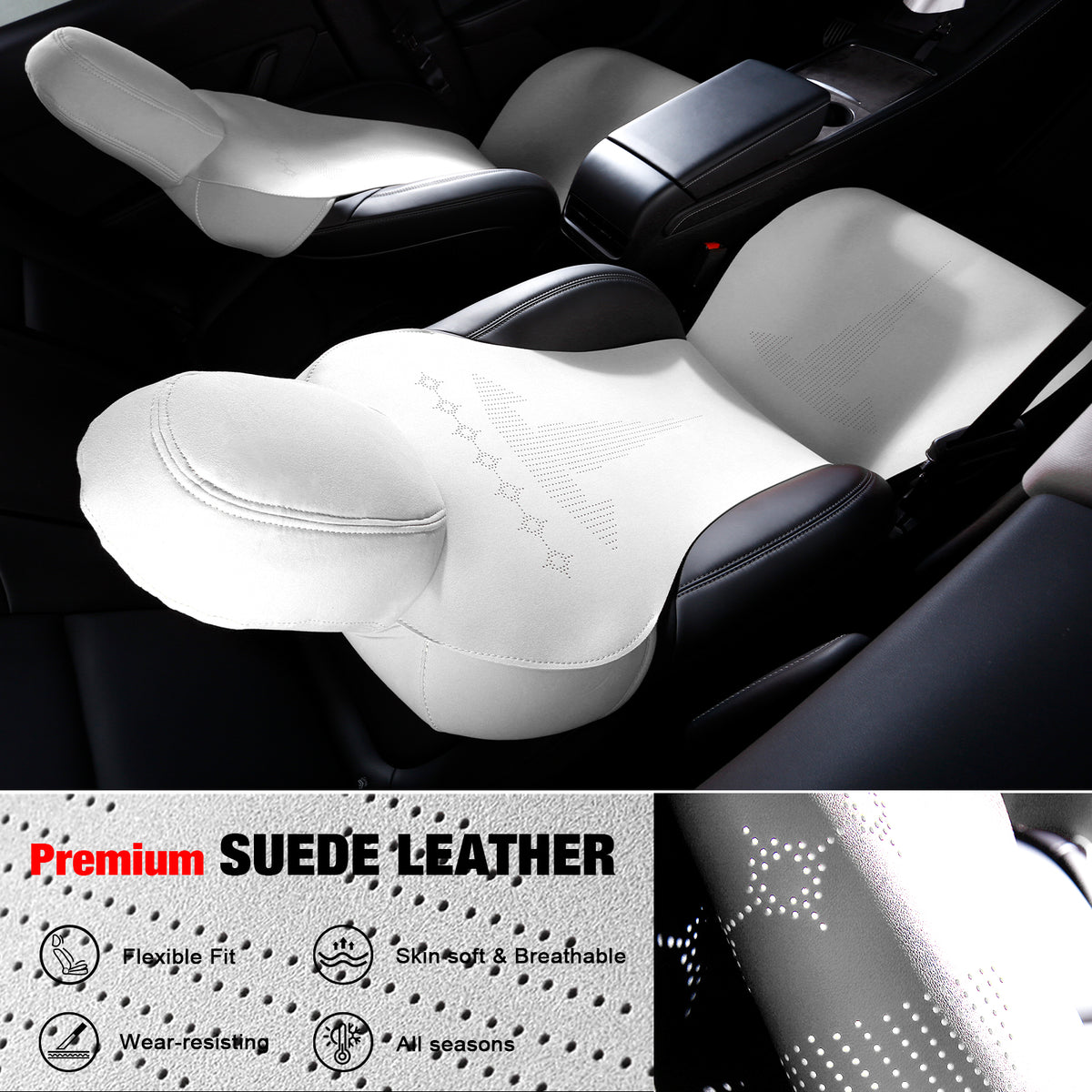 Seat Cover Cushions For Tesla For Model 3 2017-2023, Breathable Easy Clean Suede Leather Driver Seat Cushion Protector Cover (Front + Second Row, White, V2 Style)