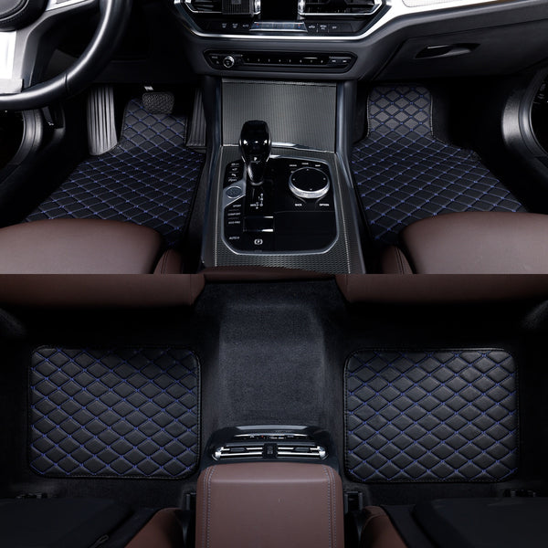 4pcs Luxury Faux Leather Car Floor Mats for Tesla Model 3\u002FY\u002FS\u002FX 2012-2025 - Complete Coverage, Thick Padding, Durable & Easy Clean, Fit, Black with Blue Diamond Pattern, Vehicle Interior Upgrade, Sleek Car Accessory, Easyclean Material