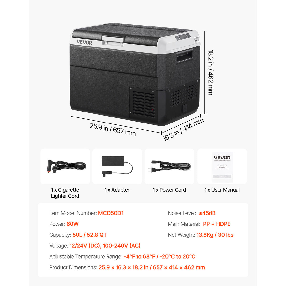 VEVOR 12 Volt Car Refrigerator Portable Freezer 31.7QT Electric Cooler for Camping 25L\u002F30L\u002F40L\u002F50L
