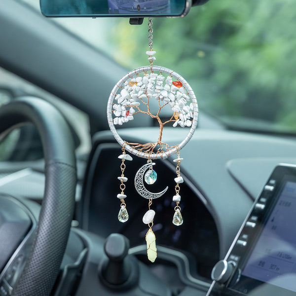 1pc Tree of Life White Stone Hanging Ornament with Moon and Crescent Charms, Energy Healing Car Pendant, Rearview Mirror Decor, Home & Window Decoration, Christmas Gift