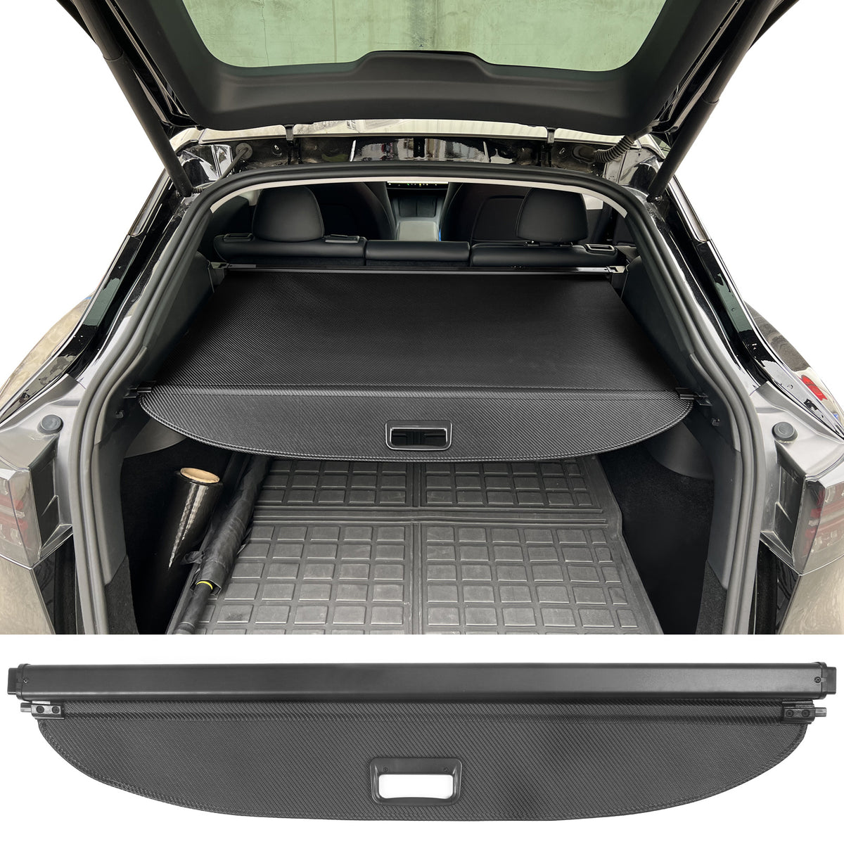 Rear Cargo Cover For Tesla For Model Y 2020-2022, Retractable Rear Trunk Security Cargo Cover Black PVC & Aluminum Alloy CF Texture Style