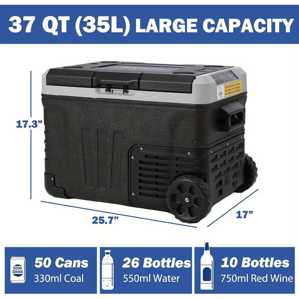 37QT Portable Car Refrigerator Freezer - Dual Voltage 12\u002F24V DC & 110-240V AC, Compressor Cooler (-4°F~68°F) for Camping, Truck, RV & Fishing Trips, Compact Design with Handle & Side Handles, US Plug, 5.55gal-26.42gal Capacity, Outdoor Food Storage,