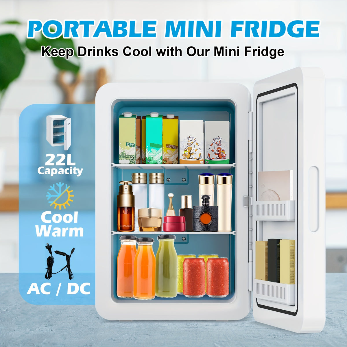 ADVWIN 5.81gal Mini Fridge, 12v DC Portable Cooler Warmer, Mini Refrigerator with Glass Front, for Car Office Desk & Dorm Food Beverage Skincare
