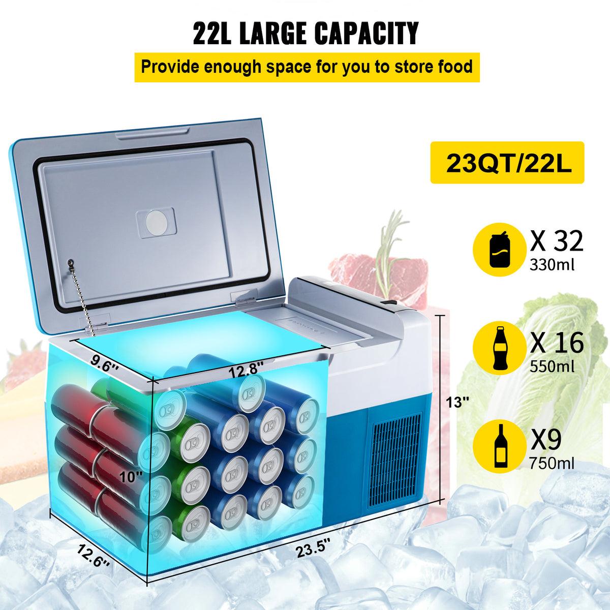 VEVOR 23Qt Portable Car Refrigerator - Compact, 12V Mini Freezer for Vehicle Trunks & Camping