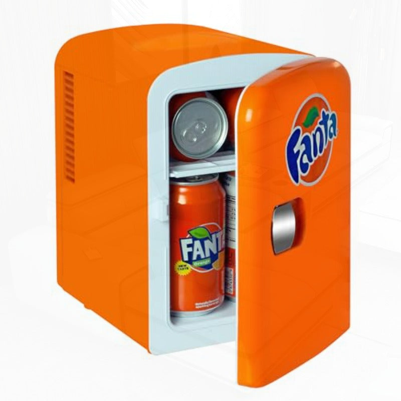 Fanta Mini Fridge Refrigerator for Bedroom Office Portable Table Top Beverage Cooler 12V 110V Refrigerador For Drinks Soda Wines Use In Car Dorm Outdoor Patio 6 Can