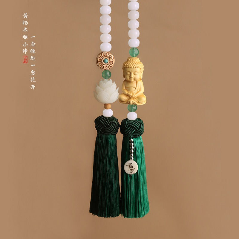 Handmade Artificial Jade-like White Bodhi Wood-like Car Pendant - Buddhist Guanyin\u002FBuddha Statue with Prayer Beads-like Tassel, Feng Shui Spiritual Amulet for Good Luck & Peace, Vehicle Ornament for, Trucks, Buses (Authentic