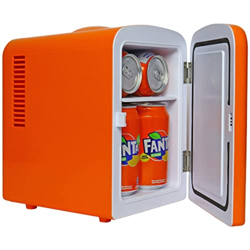 Fanta Mini Fridge Refrigerator for Bedroom Office Portable Table Top Beverage Cooler 12V 110V Refrigerador For Drinks Soda Wines Use In Car Dorm Outdoor Patio 6 Can