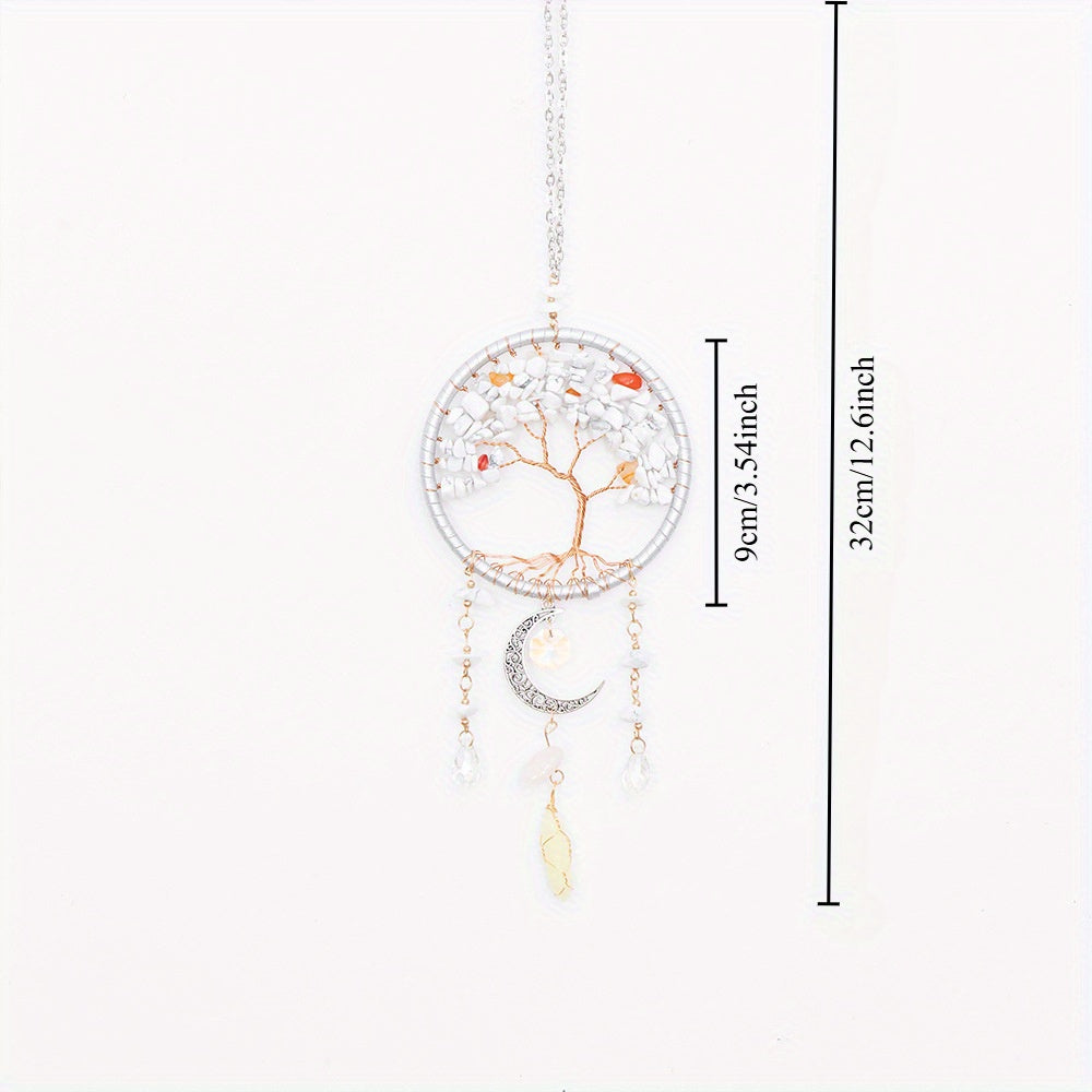 1pc Tree of Life White Stone Hanging Ornament with Moon and Crescent Charms, Energy Healing Car Pendant, Rearview Mirror Decor, Home & Window Decoration, Christmas Gift