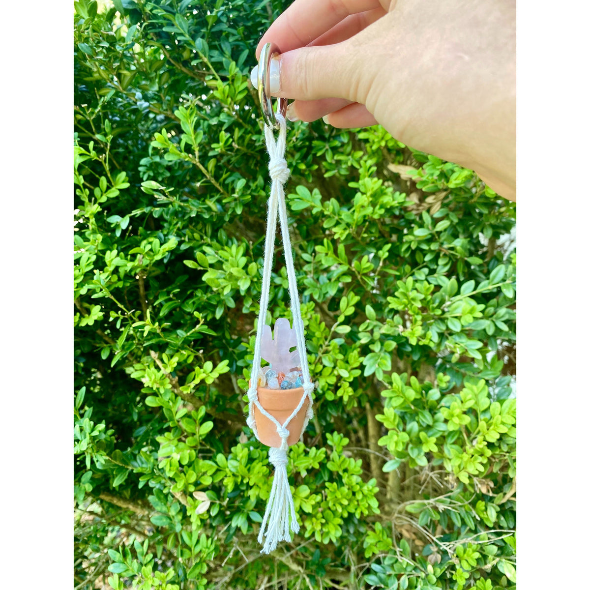 One Crystal Cactus Macramé Hanger| Rearview Mirror Decor| Crystal Carvings| Gemstones| Cactus Crystals| Terracotta Pots