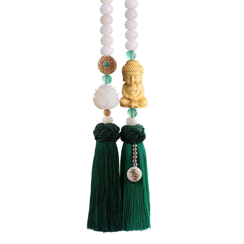 Handmade Artificial Jade-like White Bodhi Wood-like Car Pendant - Buddhist Guanyin\u002FBuddha Statue with Prayer Beads-like Tassel, Feng Shui Spiritual Amulet for Good Luck & Peace, Vehicle Ornament for, Trucks, Buses (Authentic