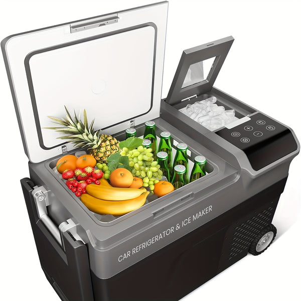 12 Volt Car Refrigerator with Ice Maker, 40QT Car Compressor Cooler with Wheels, Portable Refrigerator -4F-68F with AC\u002F DC Charger, Car Freezer for Travel, Home, Camping, Outdoor (no Battery), Car Fridge Freezer, Portable Car Refrigerator, Refrigerat