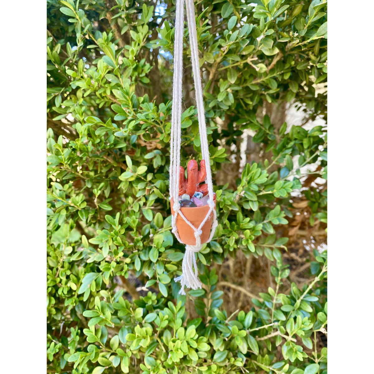 One Crystal Cactus Macramé Hanger| Rearview Mirror Decor| Crystal Carvings| Gemstones| Cactus Crystals| Terracotta Pots