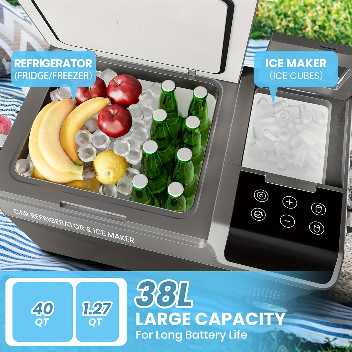 Portable Car Refrigerator 1pc Portable Car Refrigerator with Ice Maker | 40QT Dual Zone Compressor Cooler & Freezer, 12V\u002F24V DC & 110V\u002F240V AC Dual Power, Heavy-Duty Construction | for Camping, Travel, Home, RV, Truck, Road Trips, Tailgating, Bo