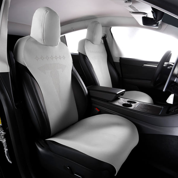 Seat Cover Cushions For Tesla For Model 3 2017-2023, Breathable Easy Clean Suede Leather Driver Seat Cushion Protector Cover (Front + Second Row, White, V2 Style)