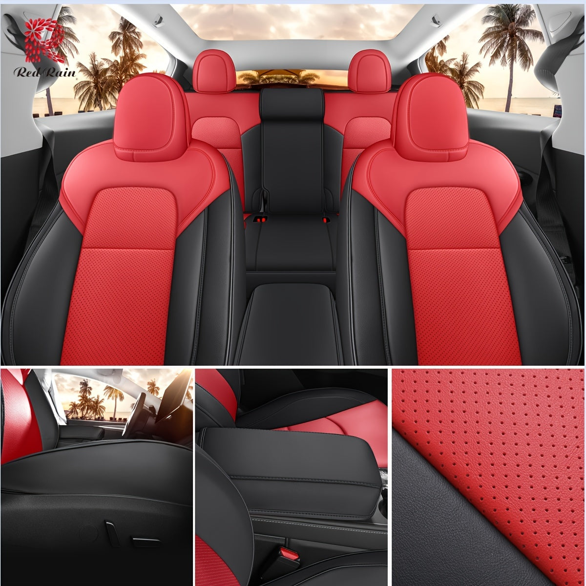 Red Rain Nappa  Car Seat Cover 5 Seats Car Seat Cover For Tesla ModelY 2020-2024\u002F2025(Doesn't Fit Tesla Model Y 7 Seats)